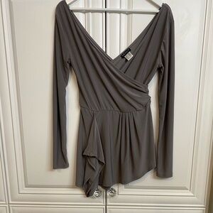 Venus Small Grey Long Sleeve V Neck V Back Faux Wrap Ruffle Asymmetrical Blouse